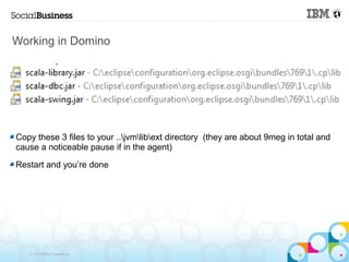 Working in Domino




Copy these 3 files to your ..jvmlibext directory (they are about 9meg in total and
cause a noticeable pause if in the agent)

Restart and you’re done




   © 2013 IBM Corporation
 