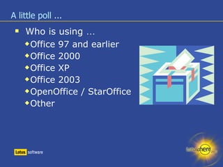 A little poll ... Who is using  … Office 97 and earlier Office 2000 Office XP Office 2003 OpenOffice / StarOffice Other 