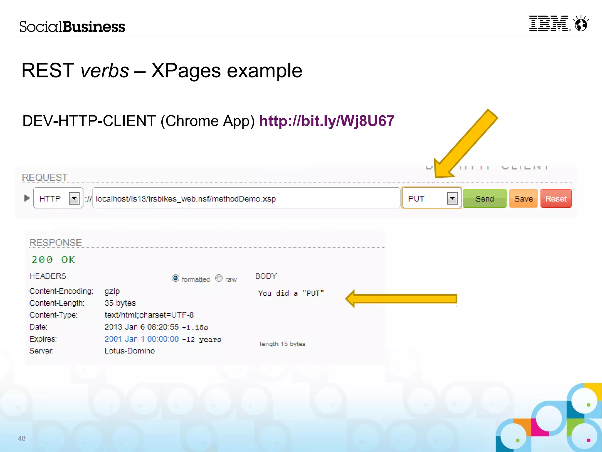REST verbs – XPages example

 DEV-HTTP-CLIENT (Chrome App) http://bit.ly/Wj8U67




48
 