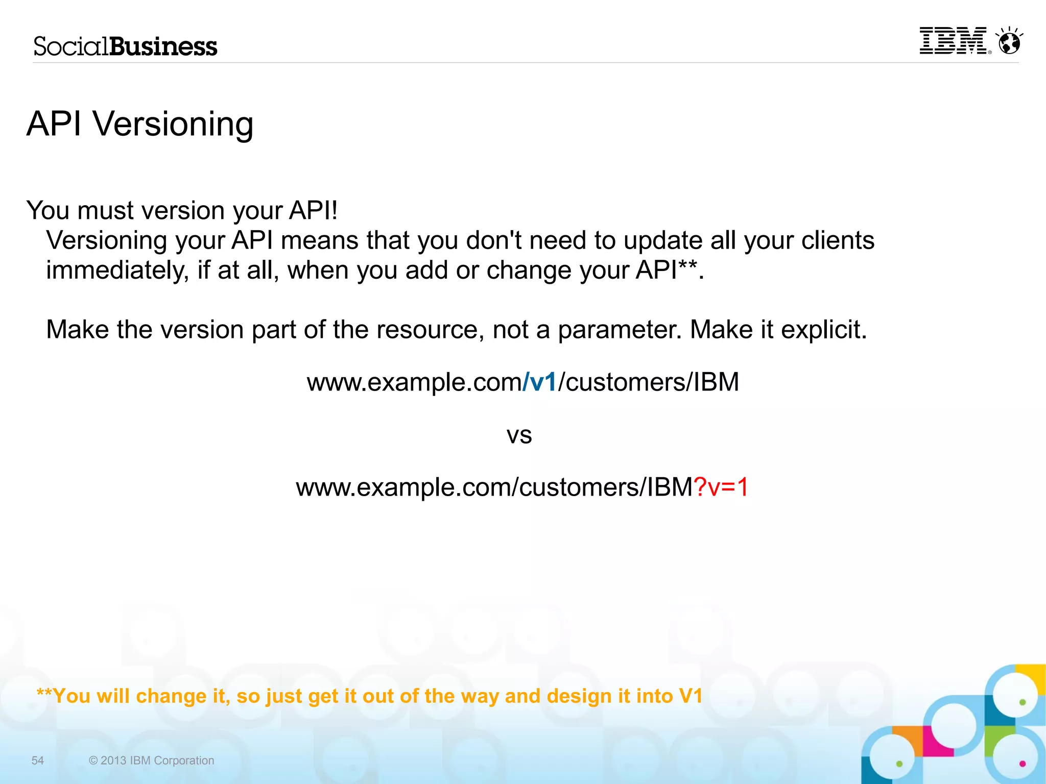 API Versioning

You must version your API!
 Versioning your API means that you don't need to update all your clients
 immediately, if at all, when you add or change your API**.

     Make the version part of the resource, not a parameter. Make it explicit.

                                 www.example.com/v1/customers/IBM

                                                   vs

                                 www.example.com/customers/IBM?v=1




**You will change it, so just get it out of the way and design it into V1


54      © 2013 IBM Corporation
 