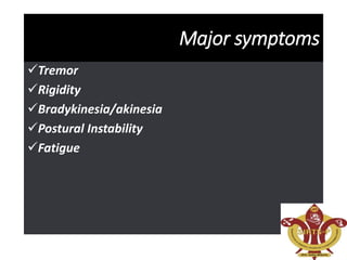 Major symptoms
Tremor
Rigidity
Bradykinesia/akinesia
Postural Instability
Fatigue
 