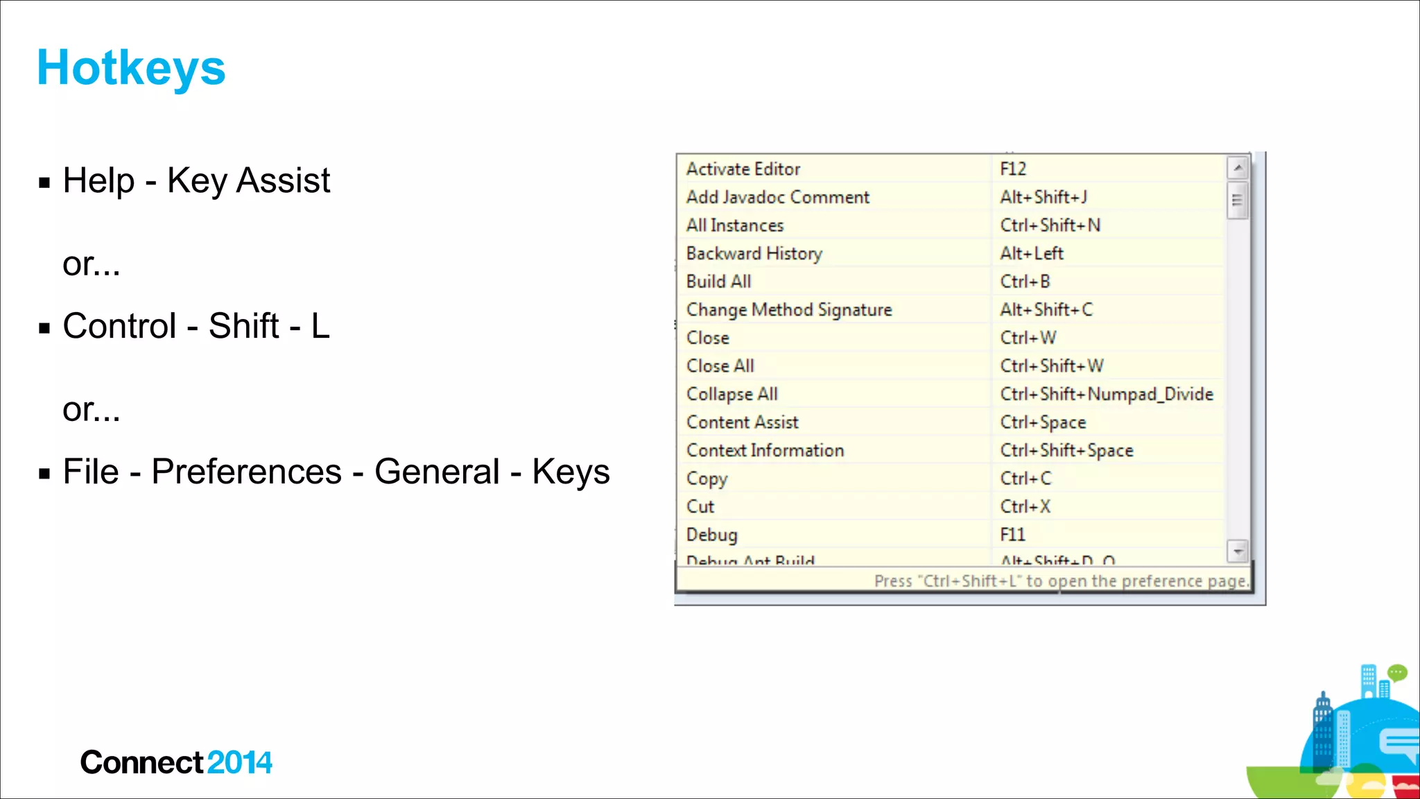 Hotkeys
▪ Help - Key Assist 
 
or...
▪ Control - Shift - L 
 
or...
▪ File - Preferences - General - Keys

 