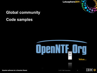 Global community
Code samples




                                                Value...



                   © 2011 IB...