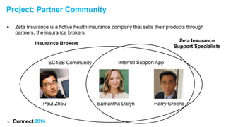 Project: Partner Community


Zeta Insurance is a fictive health insurance company that sells their products through
partners, the insurance brokers
Zeta Insurance
Support Specialists

Insurance Brokers

SC4SB Community

Paul Zhou

18

Internal Support App

Samantha Daryn

Harry Greene

 