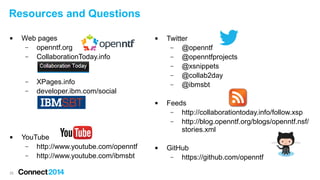 Resources and Questions


Web pages
–
openntf.org
–
CollaborationToday.info

–
–



XPages.info
developer.ibm.com/social




25

YouTube
–
http://www.youtube.com/openntf
–
http://www.youtube.com/ibmsbt



Twitter
–
@openntf
–
@openntfprojects
–
@xsnippets
–
@collab2day
–
@ibmsbt
Feeds
–
http://collaborationtoday.info/follow.xsp
–
http://blog.openntf.org/blogs/openntf.nsf/
stories.xml
GitHub
–
https://github.com/openntf

 