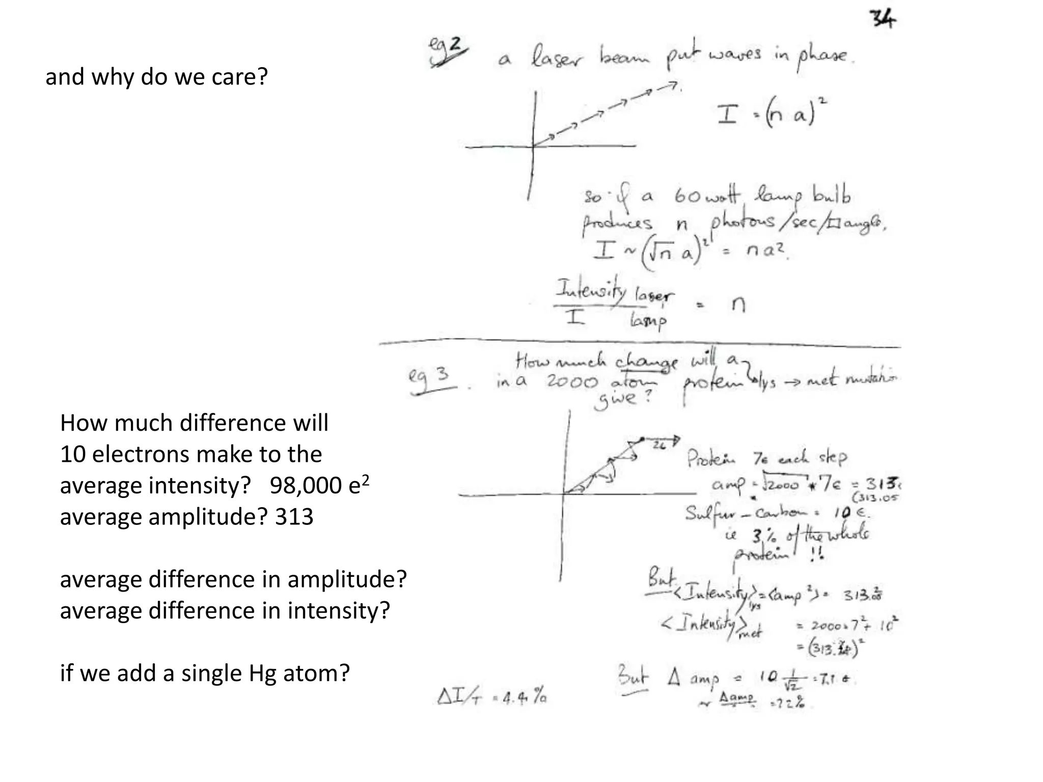 and why do we care?How much difference will 10 electrons make to the average intensity?   98,000 e2average amplitude? 313average difference in amplitude?average difference in intensity?if we add a single Hg atom?