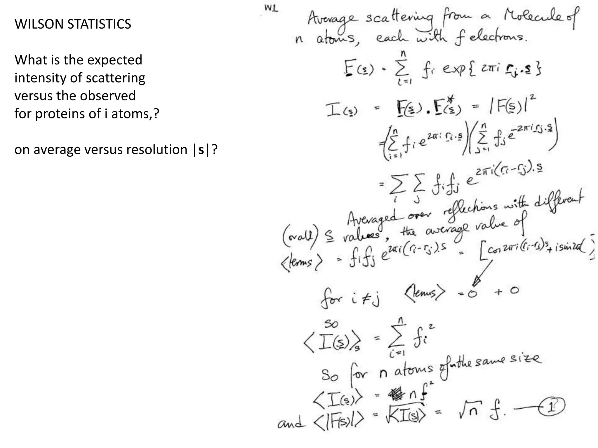 WILSON STATISTICSWhat is the expectedintensity of scattering versus the observedfor proteins of i atoms,?on average versus resolution |s|?