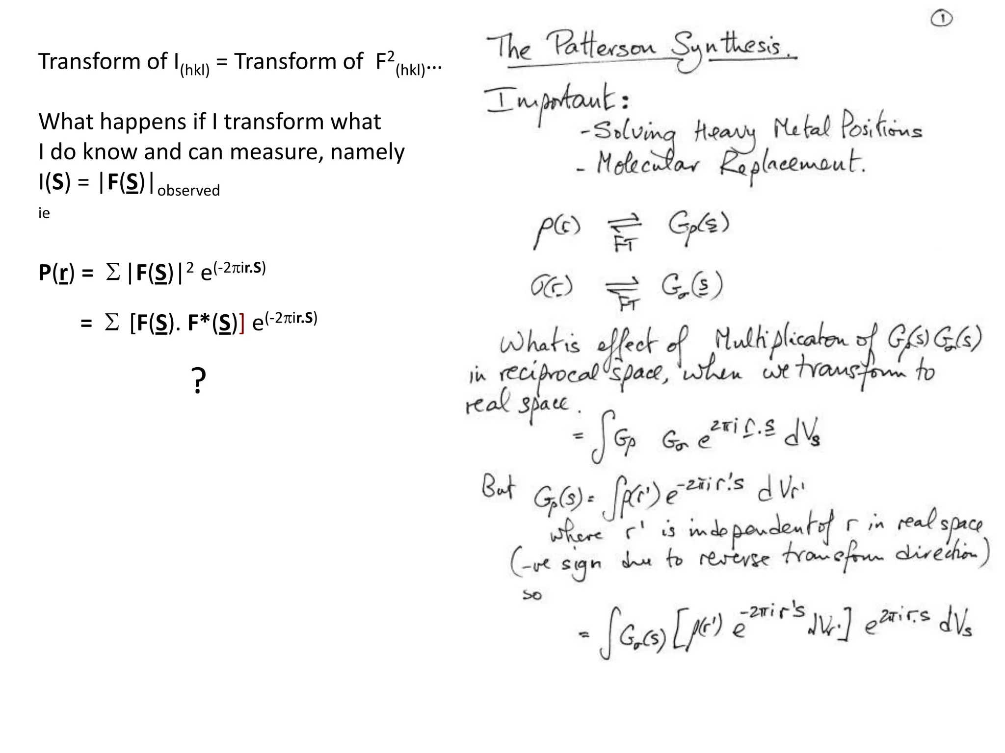 Transform of I(hkl) = Transform of  F2(hkl)…What happens if I transform what I do know and can measure, namely I(S) = |F(S)|observedieP(r) = S|F(S)|2e(-2pir.S)= S [F(S).F*(S)]e(-2pir.S)                 ?