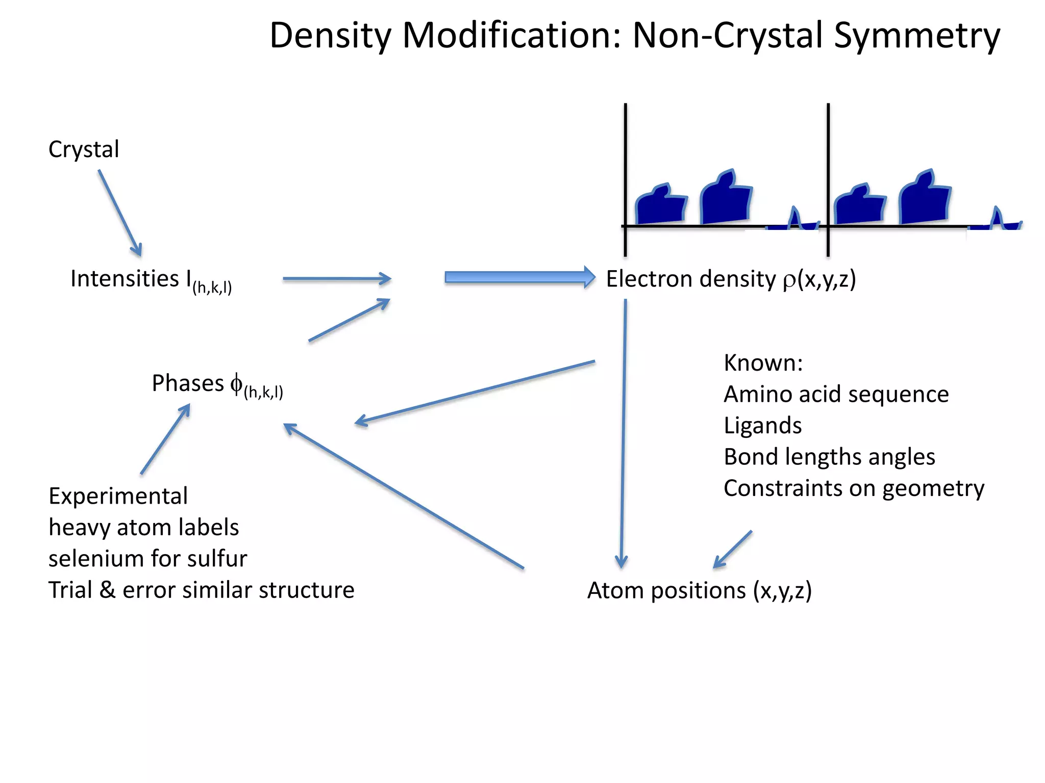 Density Modification: Non-Crystal SymmetryCrystalIntensities I(h,k,l)Electron density r(x,y,z)Known:Amino acid sequenceLigandsBond lengths anglesConstraints on geometryPhases f(h,k,l)Experimentalheavy atom labelsselenium for sulfurTrial & error similar structureAtom positions (x,y,z)