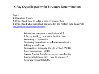 X-Ray Crystallography for Structure DeterminationGoals:  1. How does it work2. Understand  how to judge where errors may lurk3. Understand what is implied, contained in the Protein Data Bank PDB http://www.pdb.org/pdb/home/home.doResolution: - suspect at resolutions >3 ÅR factor, and Rfree: statistical ‘holdout test’Wavelength ~ atom sizeScattering from electrons = electron densityAdding atoms? howObservations  Intensity  I(h,k,l)  = F(hkl).F*(hkl)Determine phases y(hkl)Inverse Fourier Transform === electron densityJudging electron density- How to interpret?Accuracy versus Reliability