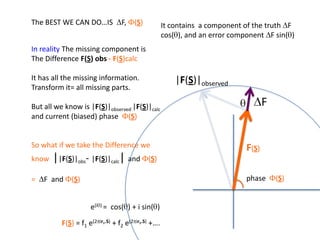 The BEST WE CAN DO…IS  DF, F(S)It contains  a component of the truth DF cos(q), and an error component DF sin(q)In reality The missing component isThe Difference F(S) obs- F(S)calcIt has all the missing information.Transform it= all missing parts.But all we know is |F(S)|observed|F(S)|calcand current (biased) phase  F(S)So what if we take the Difference weknow||F(S)|obs- |F(S)|calc| and F(S)=  DF  and F(S)cos(q)|F(S)|observed2pr7.SDFqF(S)2pr1.Sphase  F(S)e(iq) =  cos(q) + isin(q)F(S) = f1 e(2pir1.S) + f2 e(2pir2.S) +….  
