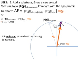 USES:   2. Add a substrate, Grow a new crystalMeasure New |F(S)|obs+substrateCompare with the apo-protein.TransformDF =||F(S)|obs+substrate- |F(S)|obs|F(S)or[2|F(S)|obs+substrate- |F(S)|obs ]  F(S)= a ‘2F0-Fo map’cos(q)|F(S)|observed2pr7.SDFqftrueF(S)It is unbiased as to where the missingsubstrate is.2pr1.Sphase  F(S)e(iq) =  cos(q) + isin(q)F(S) = f1 e(2pir1.S) + f2 e(2pir2.S) +….  