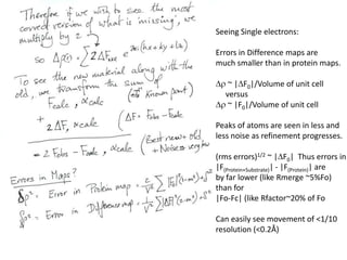 Seeing Single electrons:Errors in Difference maps are much smaller than in protein maps.Dr ~ |DF0|/Volume of unit cell     versusDr ~ |F0|/Volume of unit cell Peaks of atoms are seen in less and less noise as refinement progresses.(rms errors)1/2~ |DF0|  Thus errors in|F(Protein+Substrate)| - |F(Protein)| areby far lower (like Rmerge ~5%Fo) than for |Fo-Fc| (like Rfactor~20% of FoCan easily see movement of <1/10resolution (<0.2Å)