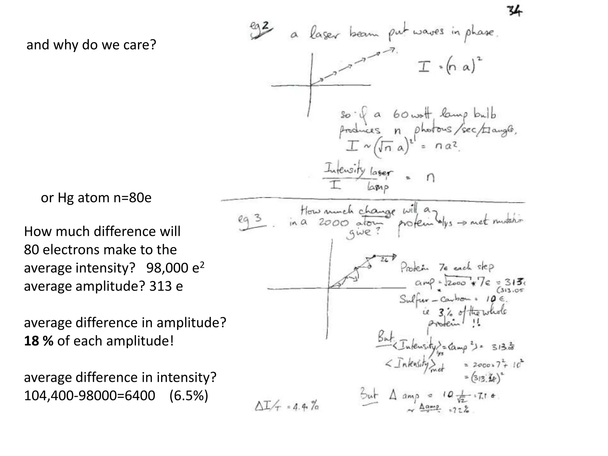and why do we care?How much difference will 10 electrons make to the average intensity?   98,000 e2average amplitude? 313 eaverage difference in amplitude?2.2% of each amplitude!average difference in intensity?98,100-98000=100    (1%)if we add a single Hg atom?