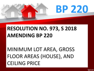 BP 220
RESOLUTION NO. 973, S 2018
AMENDING BP 220
MINIMUM LOT AREA, GROSS
FLOOR AREAS (HOUSE), AND
CEILING PRICE
 