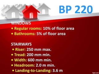 BP 220
WINDOWS
• Regular rooms: 10% of floor area
• Bathrooms: 5% of floor area
STAIRWAYS
• Riser: 250 mm max.
• Tread: 200 mm min.
• Width: 600 mm min.
• Headroom: 2.0 m min.
• Landing-to-Landing: 3.6 m
 