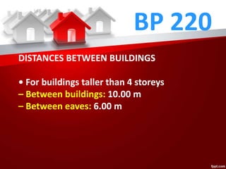 BP 220
DISTANCES BETWEEN BUILDINGS
• For buildings taller than 4 storeys
– Between buildings: 10.00 m
– Between eaves: 6.00 m
 