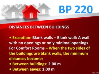 BP 220
DISTANCES BETWEEN BUILDINGS
• Exception: Blank walls – Blank wall: A wall
with no openings or only minimal openings
For Comfort Rooms – When the two sides of
the buildings are blank walls, the minimum
distances become:
• Between buildings: 2.00 m
• Between eaves: 1.00 m
 