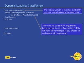 Dynamic Loading: ClassFactory
Class PersonClassFactory                    The ‘Factory’ Version of this class exists only
...