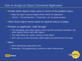 How to design an Object Orientated Application

  Decide which objects make sense in terms of the problem space.
     Make...