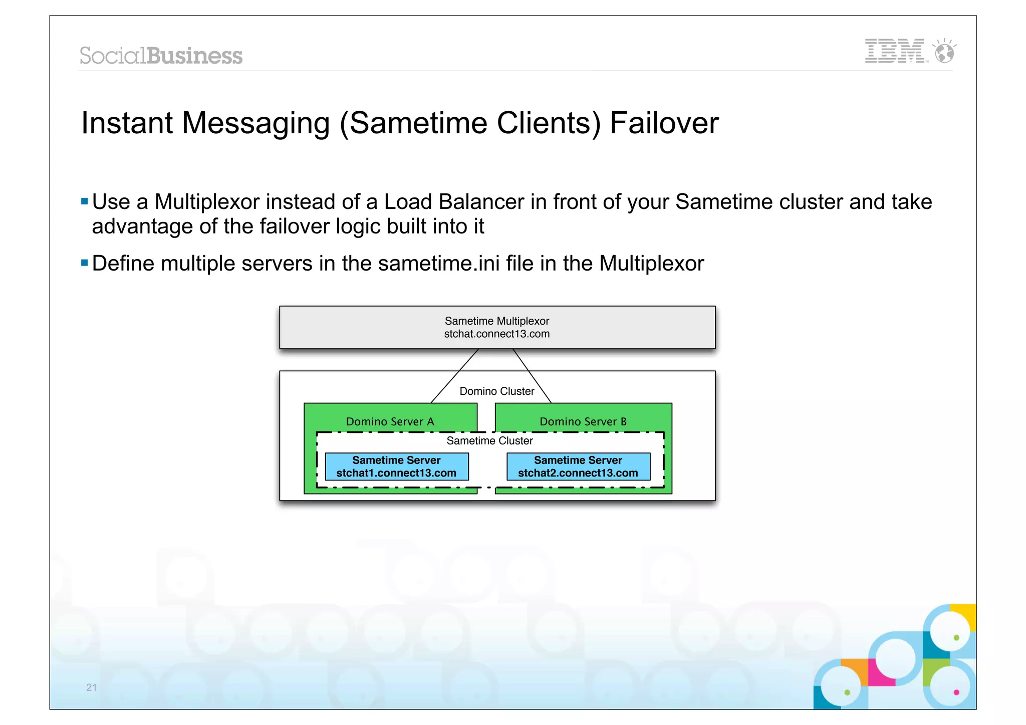 Instant Messaging (Sametime Clients) Failover

§ Use a Multiplexor instead of a Load Balancer in front of your Sametime cluster and take
   advantage of the failover logic built into it
§ Define multiple servers in the sametime.ini file in the Multiplexor

                                               Sametime Multiplexor
                                               stchat.connect13.com




                                                    Domino Cluster

                             Domino Server A                         Domino Server B
                                               Sametime Cluster
                               Sametime Server                   Sametime Server
                            stchat1.connect13.com             stchat2.connect13.com




21
 