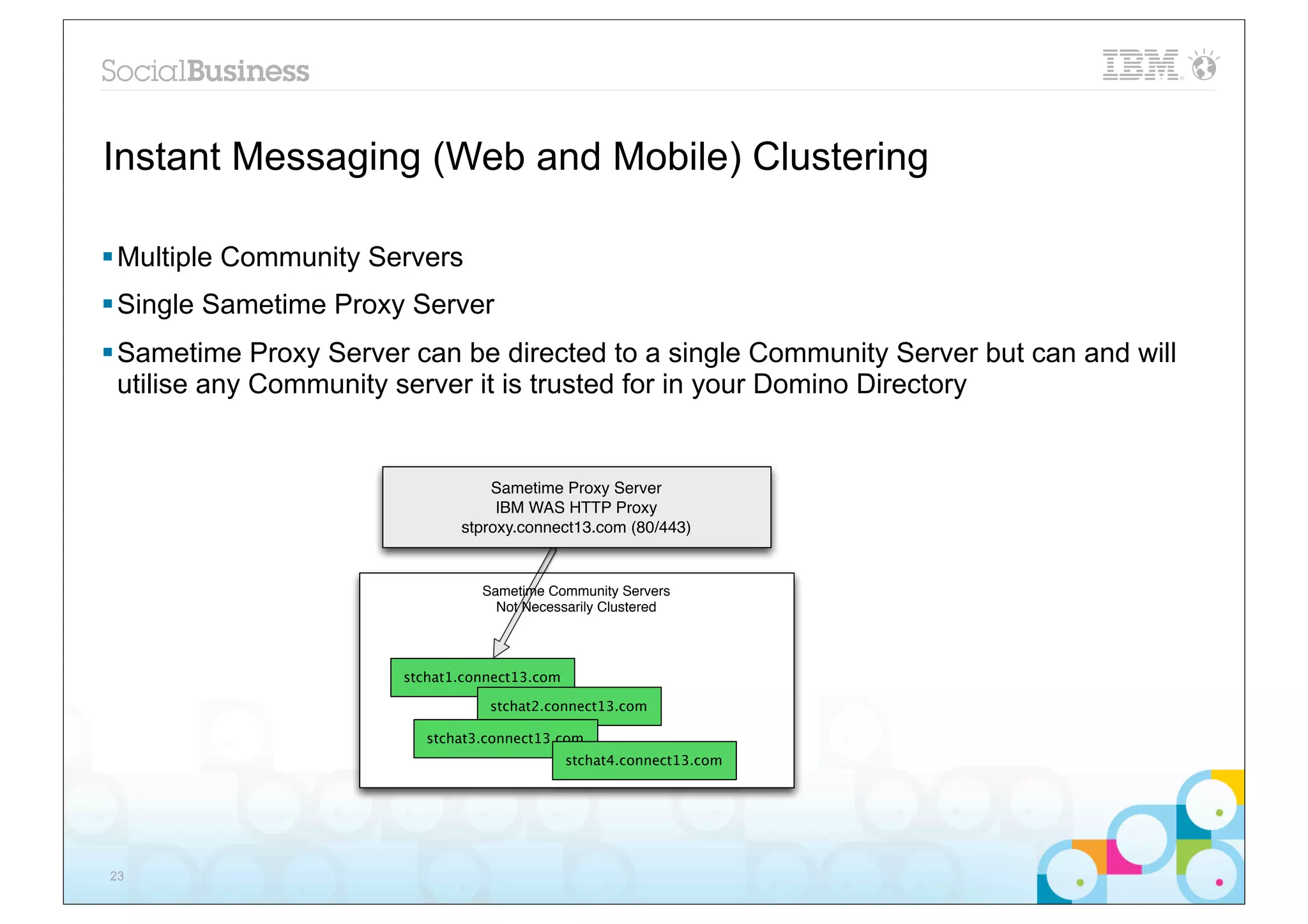 Instant Messaging (Web and Mobile) Clustering

§ Multiple Community Servers
§ Single Sametime Proxy Server
§ Sametime Proxy Server can be directed to a single Community Server but can and will
   utilise any Community server it is trusted for in your Domino Directory


                                   Sametime Proxy Server
                                    IBM WAS HTTP Proxy
                               stproxy.connect13.com (80/443)


                                  Sametime Community Servers
                                    Not Necessarily Clustered




                        stchat1.connect13.com

                                   stchat2.connect13.com

                           stchat3.connect13.com
                                                stchat4.connect13.com




23
 