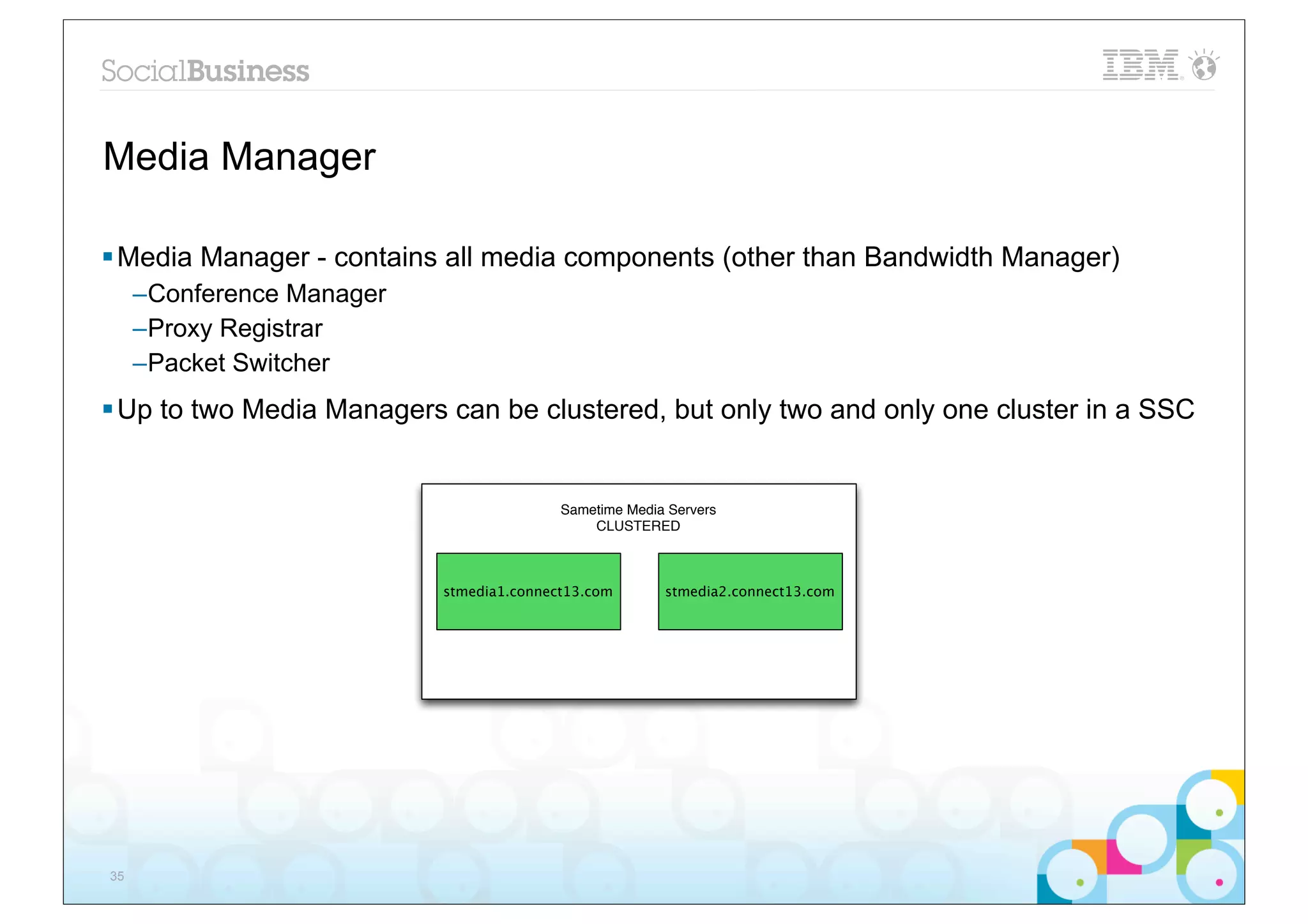 Media Manager

§ Media Manager - contains all media components (other than Bandwidth Manager)
     –Conference Manager
     –Proxy Registrar
     –Packet Switcher
§ Up to two Media Managers can be clustered, but only two and only one cluster in a SSC


                                          Sametime Media Servers
                                              CLUSTERED



                           stmedia1.connect13.com       stmedia2.connect13.com




35
 