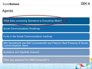 Agenda


 What does connecting Sametime to Everything Mean?


 Social Communications Roadmap


 Forks in the Social Communications roadmap

 IBM Sametime® and IBM Connections® and Polycom Real Presence ® Social
 Communications demo

 Questions and hopefully Answers


 Other key sessions from IBM Connect2013

11
 