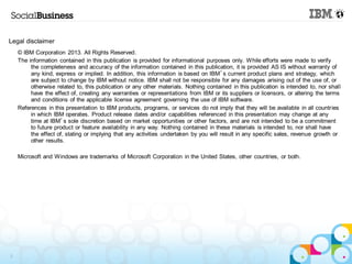 Legal disclaimer
    © IBM Corporation 2013. All Rights Reserved.
    The information contained in this publication is provided for informational purposes only. While efforts were made to verify
         the completeness and accuracy of the information contained in this publication, it is provided AS IS without warranty of
         any kind, express or implied. In addition, this information is based on IBM’s current product plans and strategy, which
         are subject to change by IBM without notice. IBM shall not be responsible for any damages arising out of the use of, or
         otherwise related to, this publication or any other materials. Nothing contained in this publication is intended to, nor shall
         have the effect of, creating any warranties or representations from IBM or its suppliers or licensors, or altering the terms
         and conditions of the applicable license agreement governing the use of IBM software.
    References in this presentation to IBM products, programs, or services do not imply that they will be available in all countries
         in which IBM operates. Product release dates and/or capabilities referenced in this presentation may change at any
         time at IBM’s sole discretion based on market opportunities or other factors, and are not intended to be a commitment
         to future product or feature availability in any way. Nothing contained in these materials is intended to, nor shall have
         the effect of, stating or implying that any activities undertaken by you will result in any specific sales, revenue growth or
         other results.

    Microsoft and Windows are trademarks of Microsoft Corporation in the United States, other countries, or both.




2
 