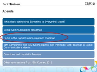 Agenda


 What does connecting Sametime to Everything Mean?


 Social Communications Roadmap


 Forks in the Social Communications roadmap

 IBM Sametime® and IBM Connections® and Polycom Real Presence ® Social
 Communications demo

 Questions and hopefully Answers


 Other key sessions from IBM Connect2013

30
 