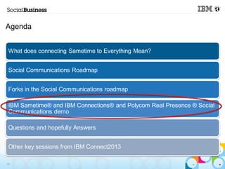 Agenda


 What does connecting Sametime to Everything Mean?


 Social Communications Roadmap


 Forks in the Social Communications roadmap

 IBM Sametime® and IBM Connections® and Polycom Real Presence ® Social
 Communications demo

 Questions and hopefully Answers


 Other key sessions from IBM Connect2013

38
 