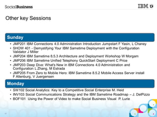 Other key Sessions


     Sunday
      • JMP201 IBM Connections 4.0 Administration Introduction Jumpstart F Yasin, L Chaney
      • SHOW 401 - Demystifying Your IBM Sametime Deployment with the Configuration
        Validator J Miller
      • JMP204 IBM Sametime 8.5.3 Architecture and Deployment Workshop W Morgam
      • JMP206 IBM Sametime Unified Telephony QuickStart Deployment C Price
      • JMP203 Deep Dive: What's New in IBM Connections 4.0 Administration and
        Configuration L Zhang, M Estrada
      • JMP205 From Zero to Mobile Hero: IBM Sametime 8.5.2 Mobile Access Server install
        F Altenburg, V Juergensen

     Monday
      • SW102 Social Analytics: Key to a Competitive Social Enterprise M. Heid
      • INV103 Social Communications Strategy and the IBM Sametime Roadmap – J. DelPizzo
      • BOF101 Using the Power of Video to make Social Business Visual P. Lurie



46
 