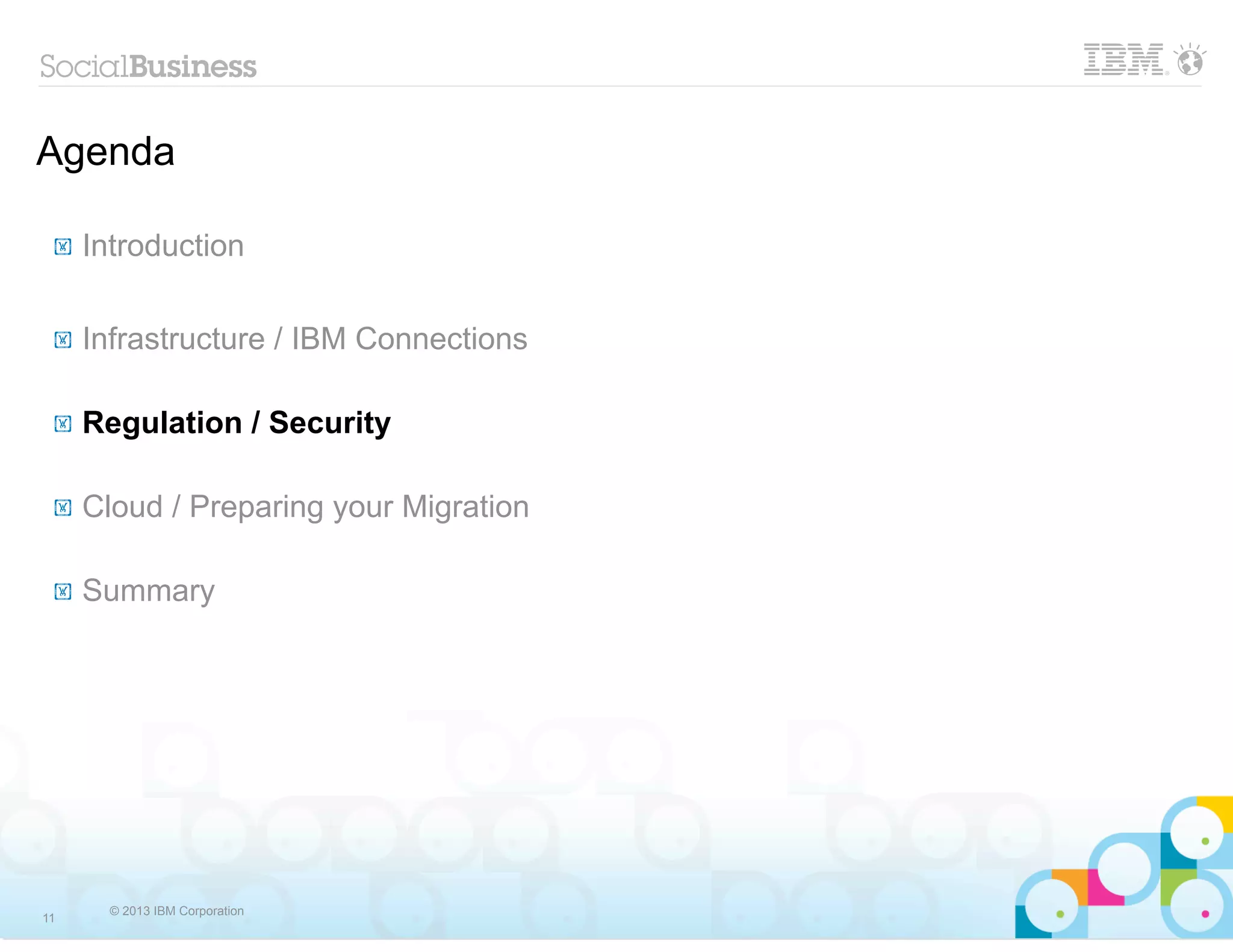 Agenda

 !   Introduction

 !   Infrastructure / IBM Connections

 !   Regulation / Security

 !   Cloud / Preparing your Migration

 !   Summary




       © 2013 IBM Corporation
11
 