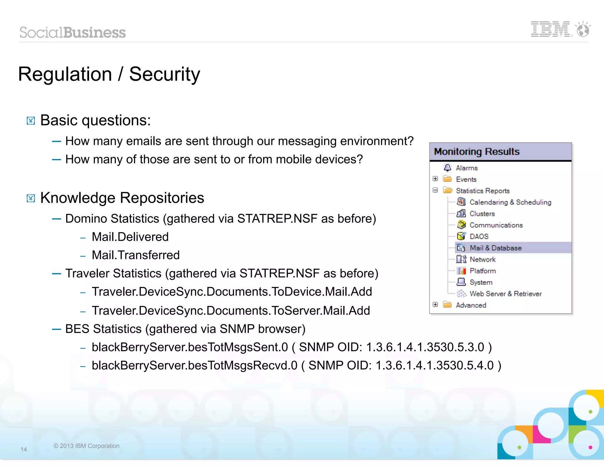 Regulation / Security

 !   Basic questions:
      ─ How many emails are sent through our messaging environment?
      ─ How many of those are sent to or from mobile devices?


 !   Knowledge Repositories
      ─ Domino Statistics (gathered via STATREP.NSF as before)
             Mail.Delivered
              –
           – Mail.Transferred

      ─ Traveler Statistics (gathered via STATREP.NSF as before)
              –   Traveler.DeviceSync.Documents.ToDevice.Mail.Add
              –   Traveler.DeviceSync.Documents.ToServer.Mail.Add
      ─ BES Statistics (gathered via SNMP browser)
          – blackBerryServer.besTotMsgsSent.0 ( SNMP OID: 1.3.6.1.4.1.3530.5.3.0 )
          – blackBerryServer.besTotMsgsRecvd.0 ( SNMP OID: 1.3.6.1.4.1.3530.5.4.0 )




      © 2013 IBM Corporation
14
 