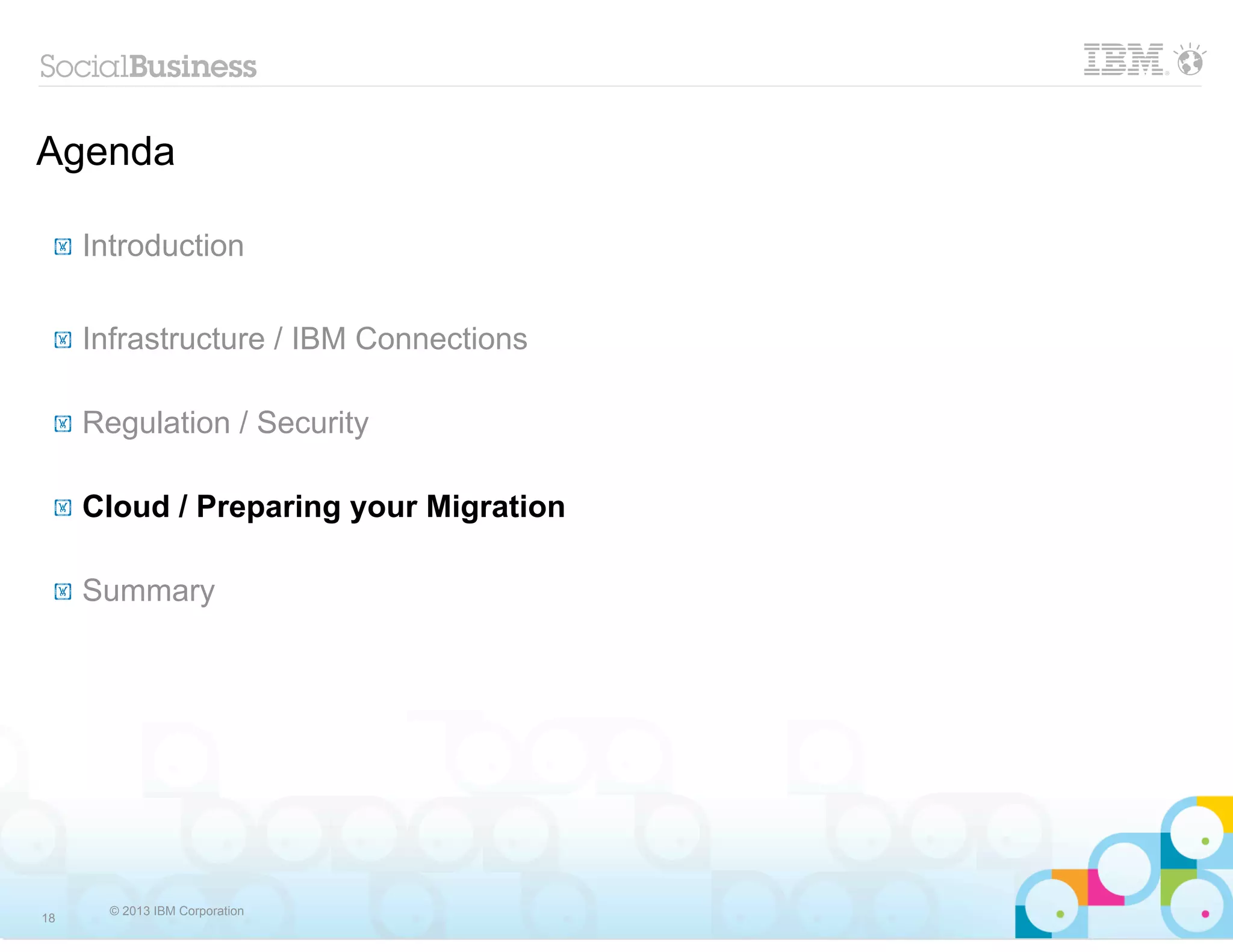Agenda

 !   Introduction

 !   Infrastructure / IBM Connections

 !   Regulation / Security

 !   Cloud / Preparing your Migration

 !   Summary




       © 2013 IBM Corporation
18
 