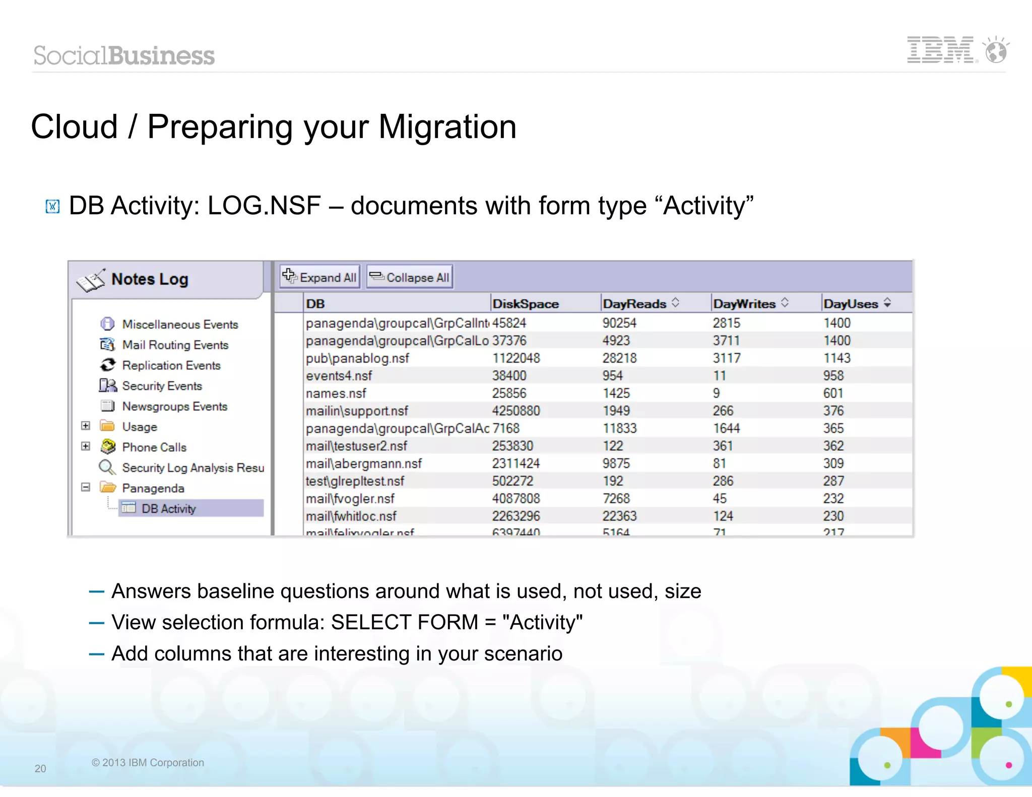 Cloud / Preparing your Migration

 !   DB Activity: LOG.NSF – documents with form type “Activity”




      ─ Answers baseline questions around what is used, not used, size
      ─ View selection formula: SELECT FORM = "Activity"
      ─ Add columns that are interesting in your scenario




      © 2013 IBM Corporation
20
 