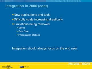 Integration in 2006 (cont) New applications and tools Difficulty scale increasing drastically Limitations being removed Speed Data Size Presentation Options Integration should always focus on the end user 