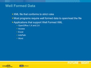Well Formed Data XML file that conforms to strict rules Most programs require well formed data to open/read the file Applications that support Well Formed XML OpenOffice 1.X and 2.X Access Excel InfoPath Word 