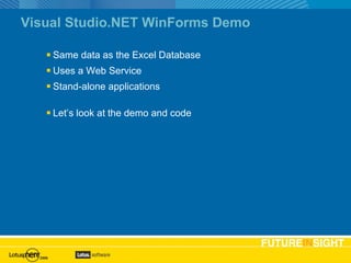 Visual Studio.NET WinForms Demo Same data as the Excel Database Uses a Web Service Stand-alone applications Let’s look at the demo and code 