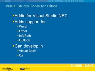 Visual Studio Tools for Office Addin for Visual Studio.NET Adds support for Word Excel InfoPath Outlook Can develop in Visual Basic C# 