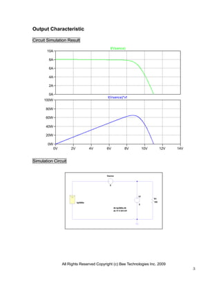 Output Characteristic

Circuit Simulation Result
                                               I(Vsence)
       10A

        8A

        6A

        4A

        2A

        0A
                                            I(Vsence)*v1
      100W

       80W

       60W

       40W

       20W

        0W
             0V        2V             4V    6V                8V          10V         12V   14V


Simulation Circuit


                                            Vsence



                                              0




                                                                     V1
                                                                                R1
                            bp365ts                                             100
                                                                     0
                                                  .lib bp365ts.lib
                                                  .dc V1 0 20 0.01




                  All Rights Reserved Copyright (c) Bee Technologies Inc. 2009
                                                                                                  3
 