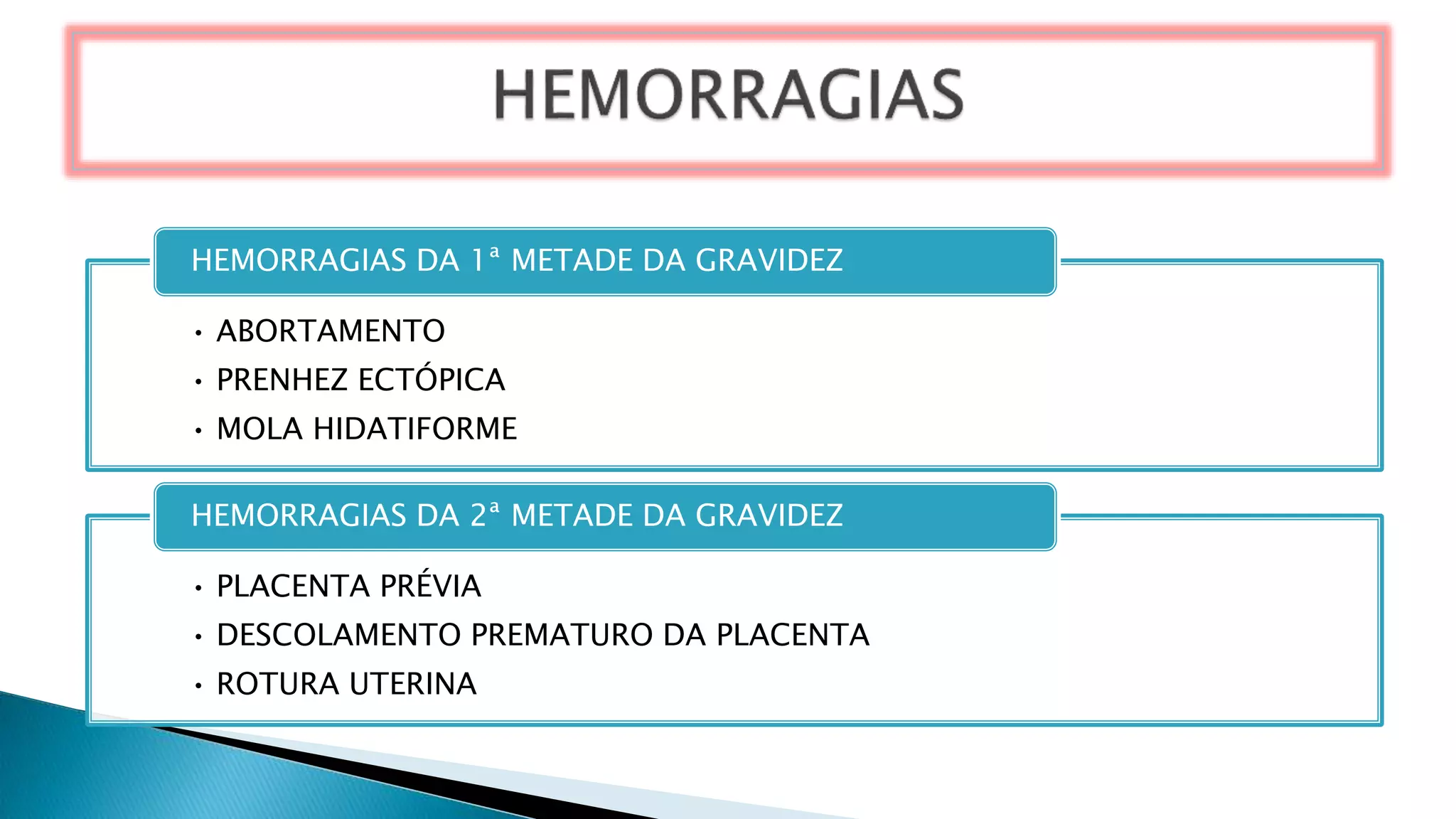 • ABORTAMENTO
• PRENHEZ ECTÓPICA
• MOLA HIDATIFORME
HEMORRAGIAS DA 1ª METADE DA GRAVIDEZ
• PLACENTA PRÉVIA
• DESCOLAMENTO PREMATURO DA PLACENTA
• ROTURA UTERINA
HEMORRAGIAS DA 2ª METADE DA GRAVIDEZ
 