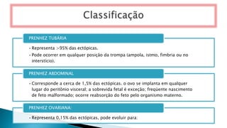 •Representa >95% das ectópicas.
•Pode ocorrer em qualquer posição da trompa (ampola, istmo, fimbria ou no
interstício).
PRENHEZ TUBÁRIA
•Corresponde a cerca de 1,5% das ectópicas. o ovo se implanta em qualquer
lugar do peritônio visceral; a sobrevida fetal é exceção; freqüente nascimento
de feto malformado; ocorre reabsorção do feto pelo organismo materno.
PRENHEZ ABDOMINAL
•Representa 0,15% das ectópicas, pode evoluir para:
PRENHEZ OVARIANA:
 