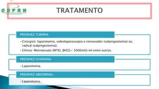 •Cirúrgico: laparotomia, videolaparoscopia e consevador (salpingostomia) ou
radical (salpingectomia).
•Clínico: Metrotexato (MTX); βhCG< 5000mUI/ml entre outros.
PREENHEZ TUBÁRIA:
•Laparotomia.
PREENHEZ OVARIANA:
•Laparotomia.
PREENHEZ ABDOMINAL:
 