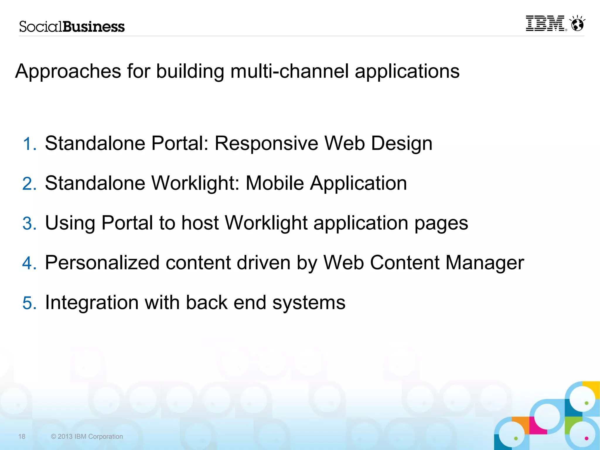 Approaches for building multi-channel applications


 1. Standalone Portal: Responsive Web Design

 2. Standalone Worklight: Mobile Application

 3. Using Portal to host Worklight application pages

 4. Personalized content driven by Web Content Manager

 5. Integration with back end systems




18   © 2013 IBM Corporation
 