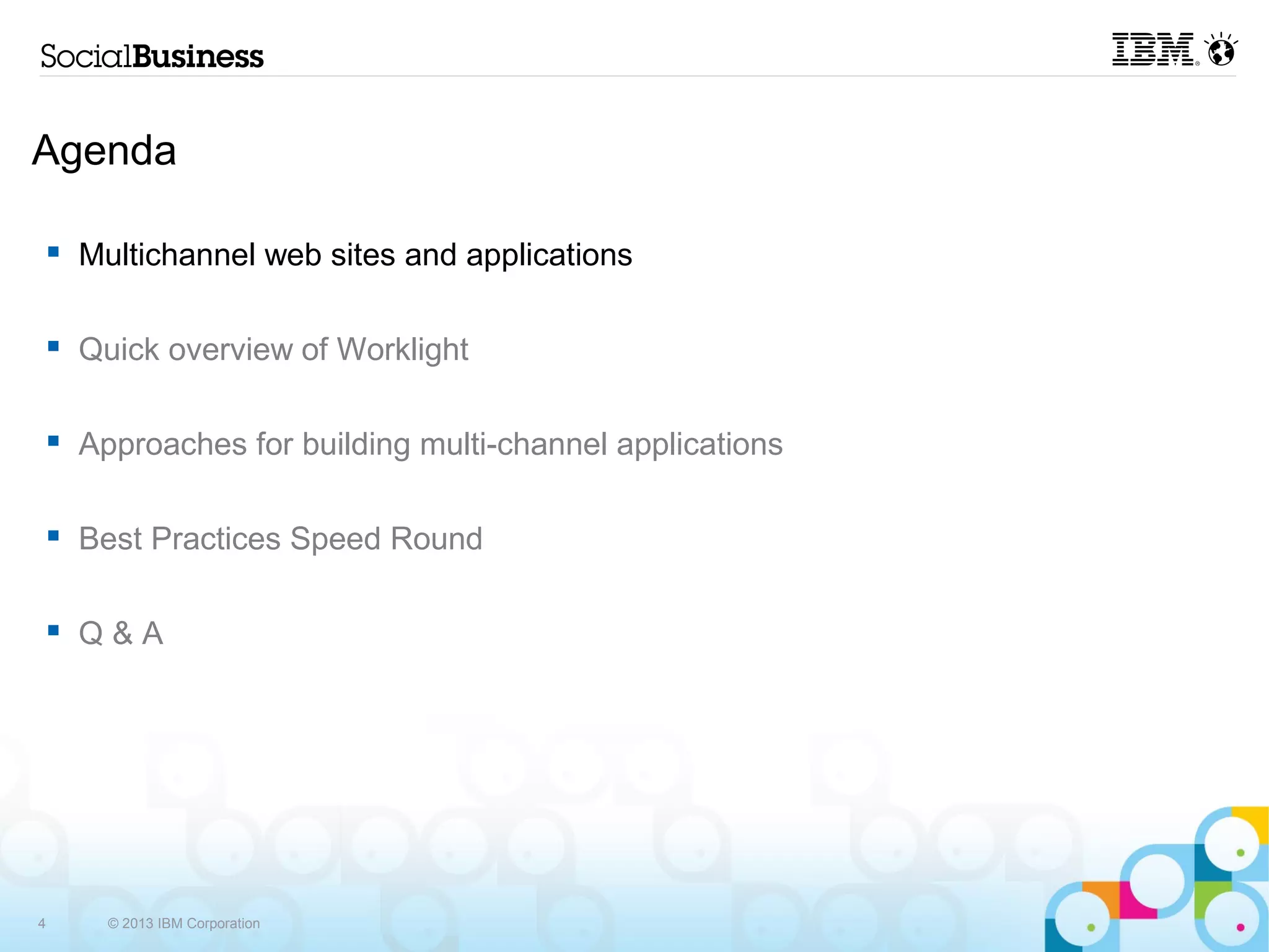 Agenda

    Multichannel web sites and applications

    Quick overview of Worklight

    Approaches for building multi-channel applications

    Best Practices Speed Round

    Q&A




4     © 2013 IBM Corporation
 