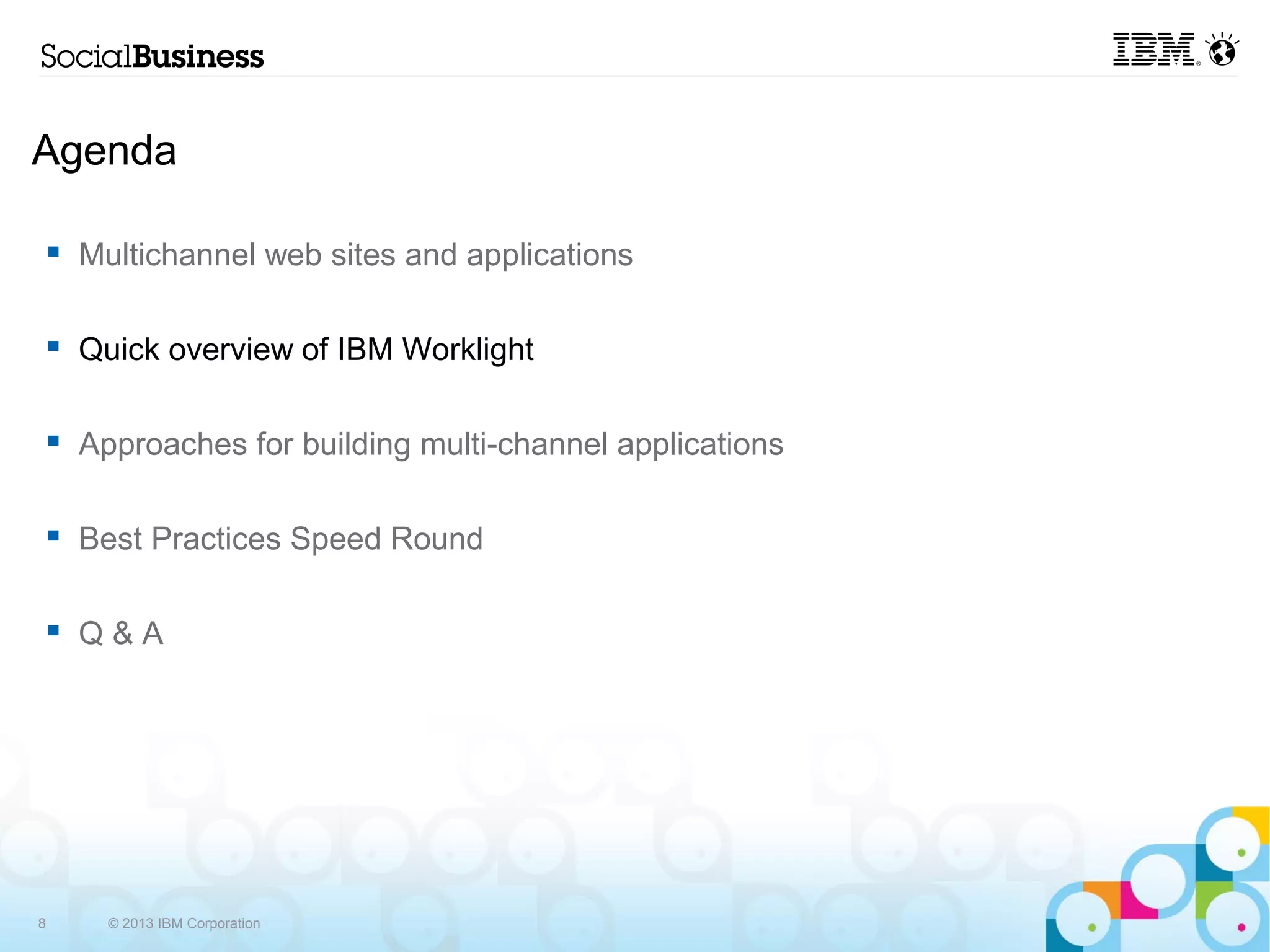Agenda

    Multichannel web sites and applications

    Quick overview of IBM Worklight

    Approaches for building multi-channel applications

    Best Practices Speed Round

    Q&A




8     © 2013 IBM Corporation
 
