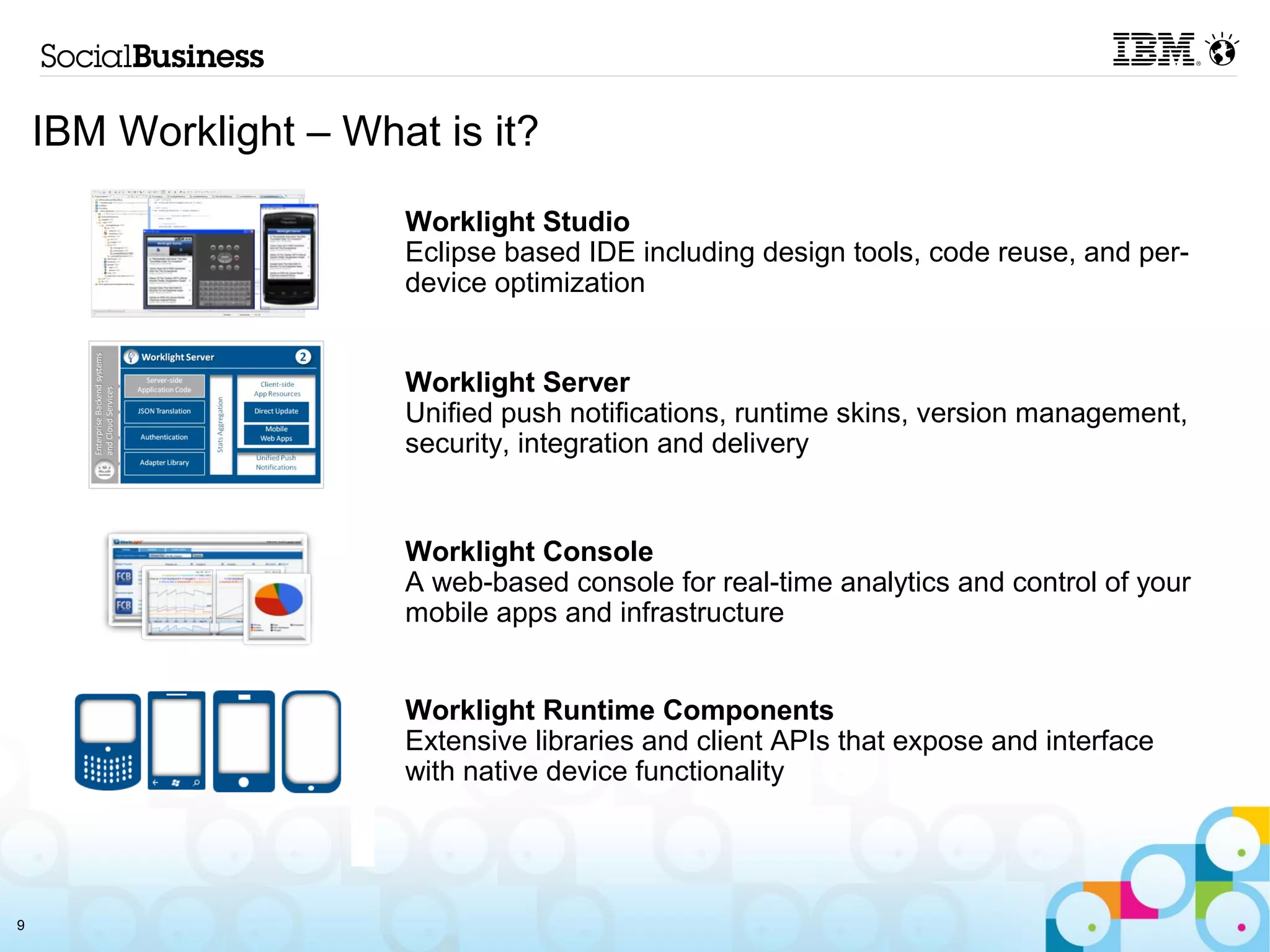 IBM Worklight – What is it?

                       Worklight Studio
                       Eclipse based IDE including design tools, code reuse, and per-
                       device optimization


                       Worklight Server
                       Unified push notifications, runtime skins, version management,
                       security, integration and delivery


                       Worklight Console
                       A web-based console for real-time analytics and control of your
                       mobile apps and infrastructure


                       Worklight Runtime Components
                       Extensive libraries and client APIs that expose and interface
                       with native device functionality




9
 