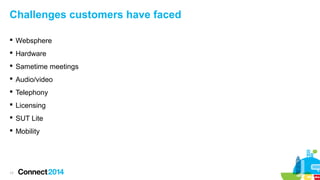 Challenges customers have faced
 Websphere
 Hardware
 Sametime meetings
 Audio/video
 Telephony
 Licensing
 SUT Lite
 Mobility

17

 