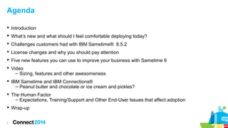 Agenda
 Introduction
 What’s new and what should I feel comfortable deploying today?
 Challenges customers had with IBM Sametime® 8.5.2
 License changes and why you should pay attention
 Five new features you can use to improve your business with Sametime 9
 Video
– Sizing, features and other awesomeness
 IBM Sametime and IBM Connections®
– Peanut butter and chocolate or ice cream and pickles?
 The Human Factor
– Expectations, Training/Support and Other End-User Issues that affect adoption
 Wrap-up
2

 